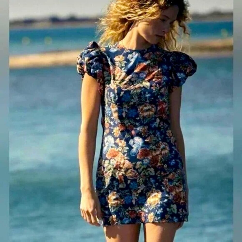Dôen x Liberty Lyric Floral Mini Dress Size XL Puff Sleeve Cottagecore 80's Blue